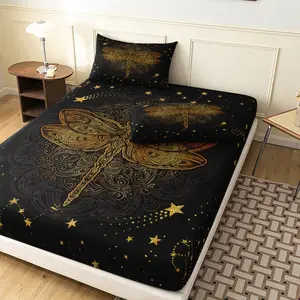 3 Pieces Golden Mandala Dragonfly Star Print Fitted Sheet Set, Black Base Boho Mystic Starry Constellation Printed Bedding, For Bedroom Home Decoration, Multiple Sizes Available (1 Fitted Sheet + 2 Pillowcases, No Pillow)