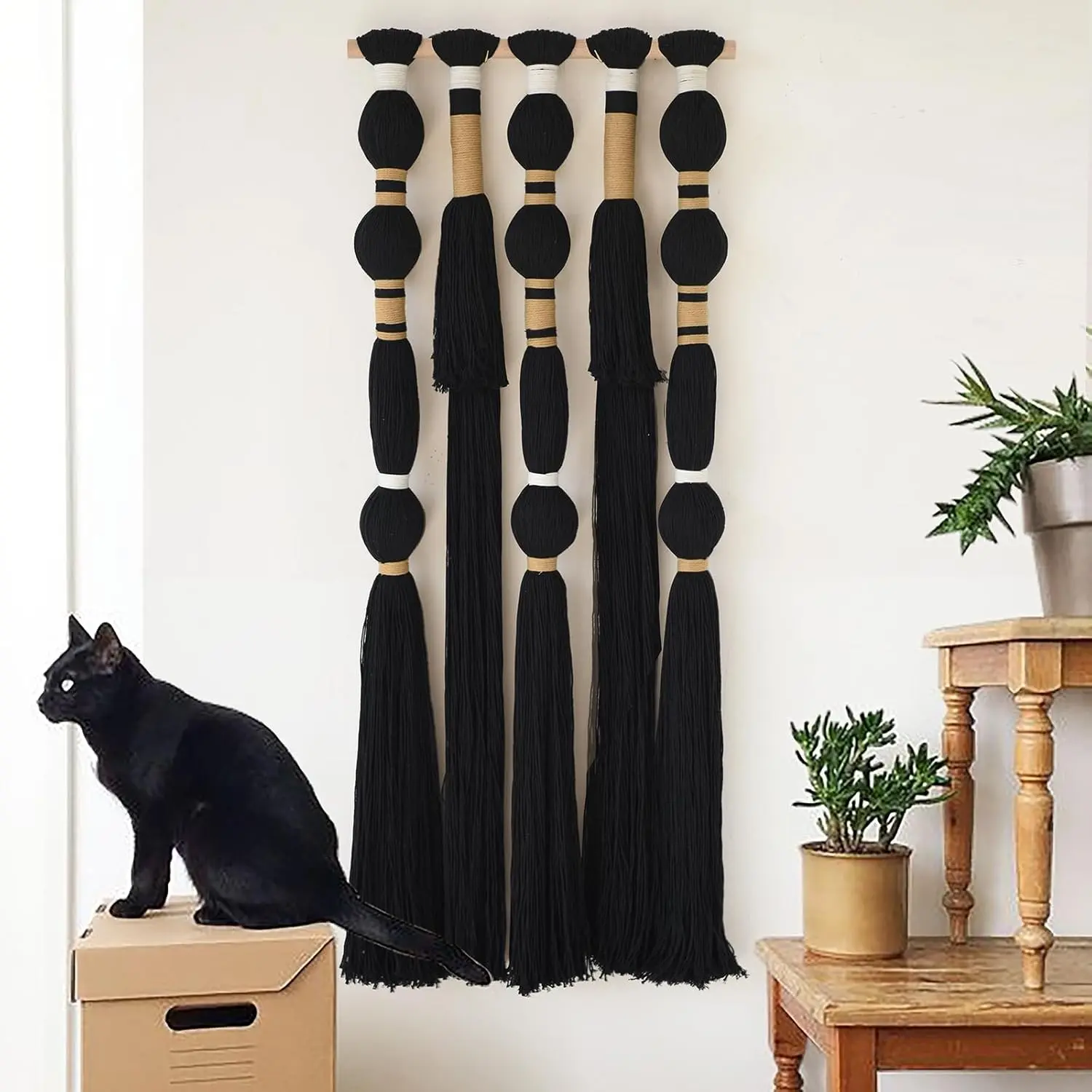 Cotton Macrame Wall Hanging Tapestry - Black Spherical Tassels, Geometric Yarn Textile Wall Art, Minimalist 15.7" W x 39" L Decor for Bedroom, Living Room (Home Supplies)