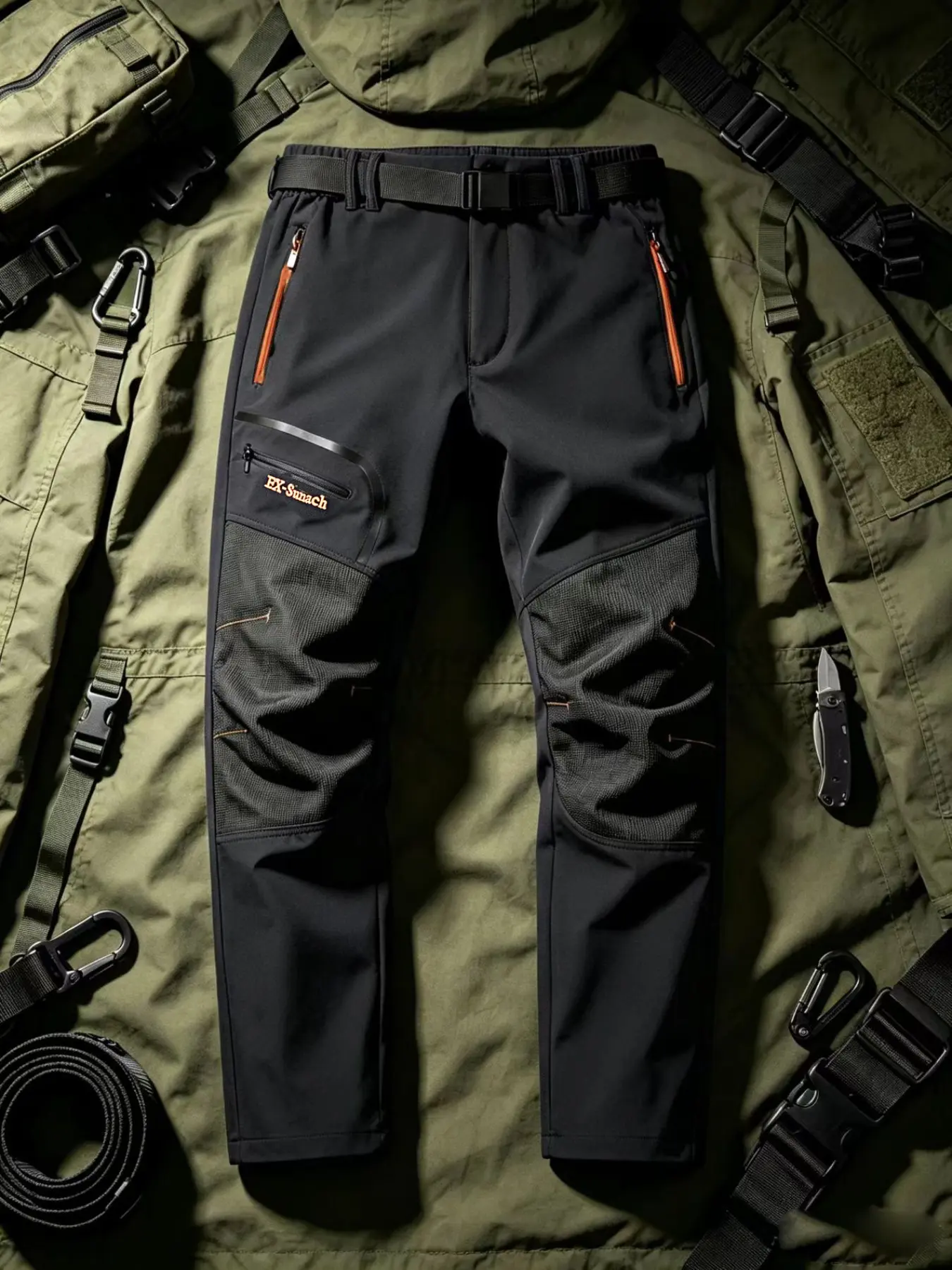Men's Outdoor Hiking Pants, Four-Season Stretch Knee Pads, Zippered Pockets, Included Belt, Windproof Camping Climbing Long Pants
