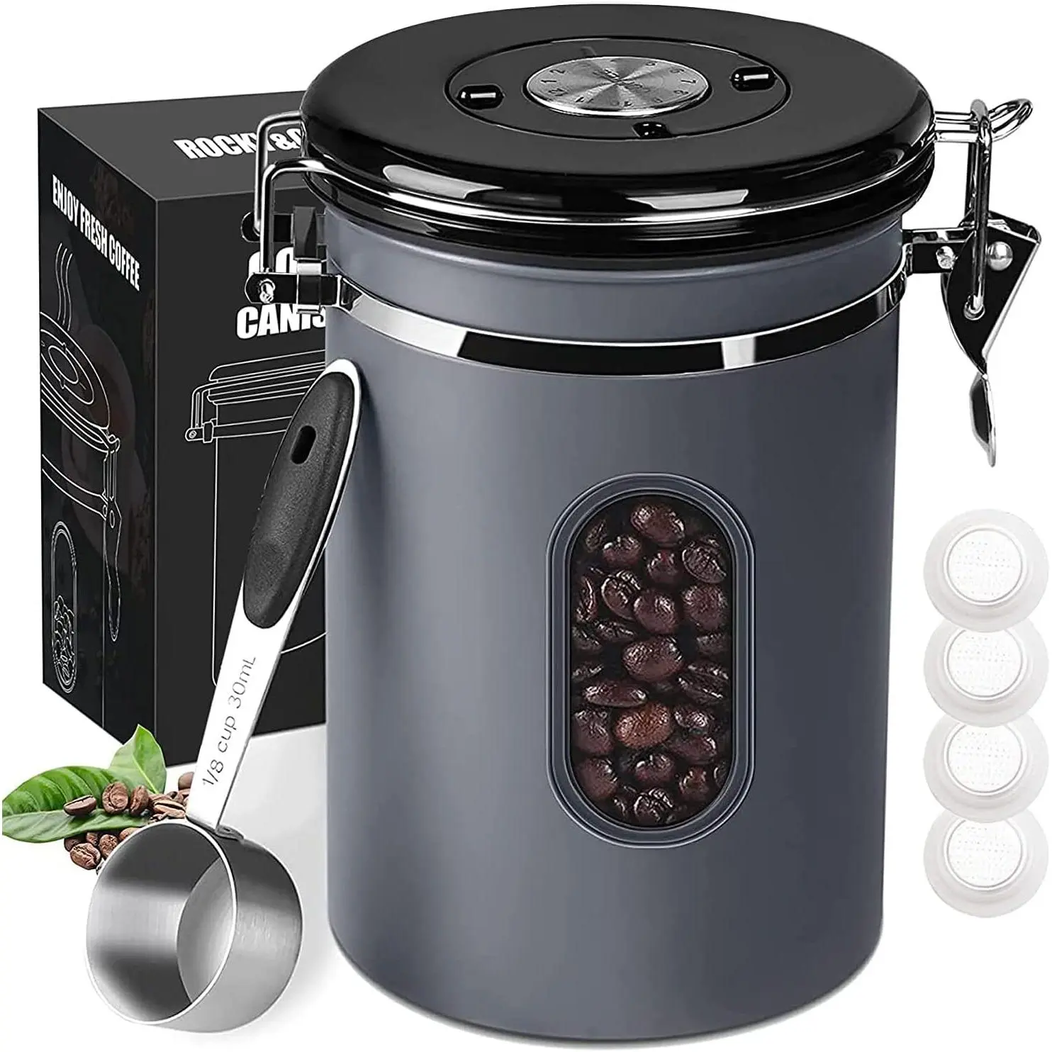 1500ML Airtight Coffee Canister with Date &Transparent Window, 18OZ Coffe Beans Storage with 30ML Measure Spoon&4 co2 Valve, Coffee Container for Grounds Coffee, Beans, , Sugar, Flour(Gray)