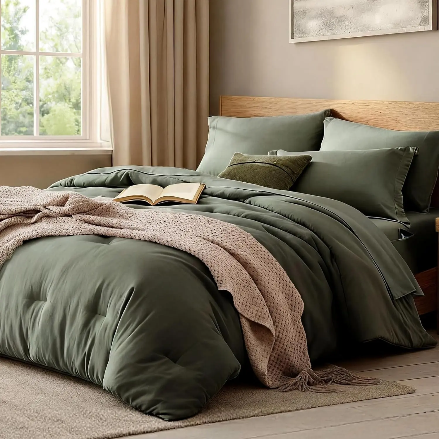 King Size Comforter Set- 7 Pieces Prewashed Bed in a Bag King Bedding Sets | Soft All Season Comforter with Sheets, Pillow Shams & Pillowcases,Olive Green