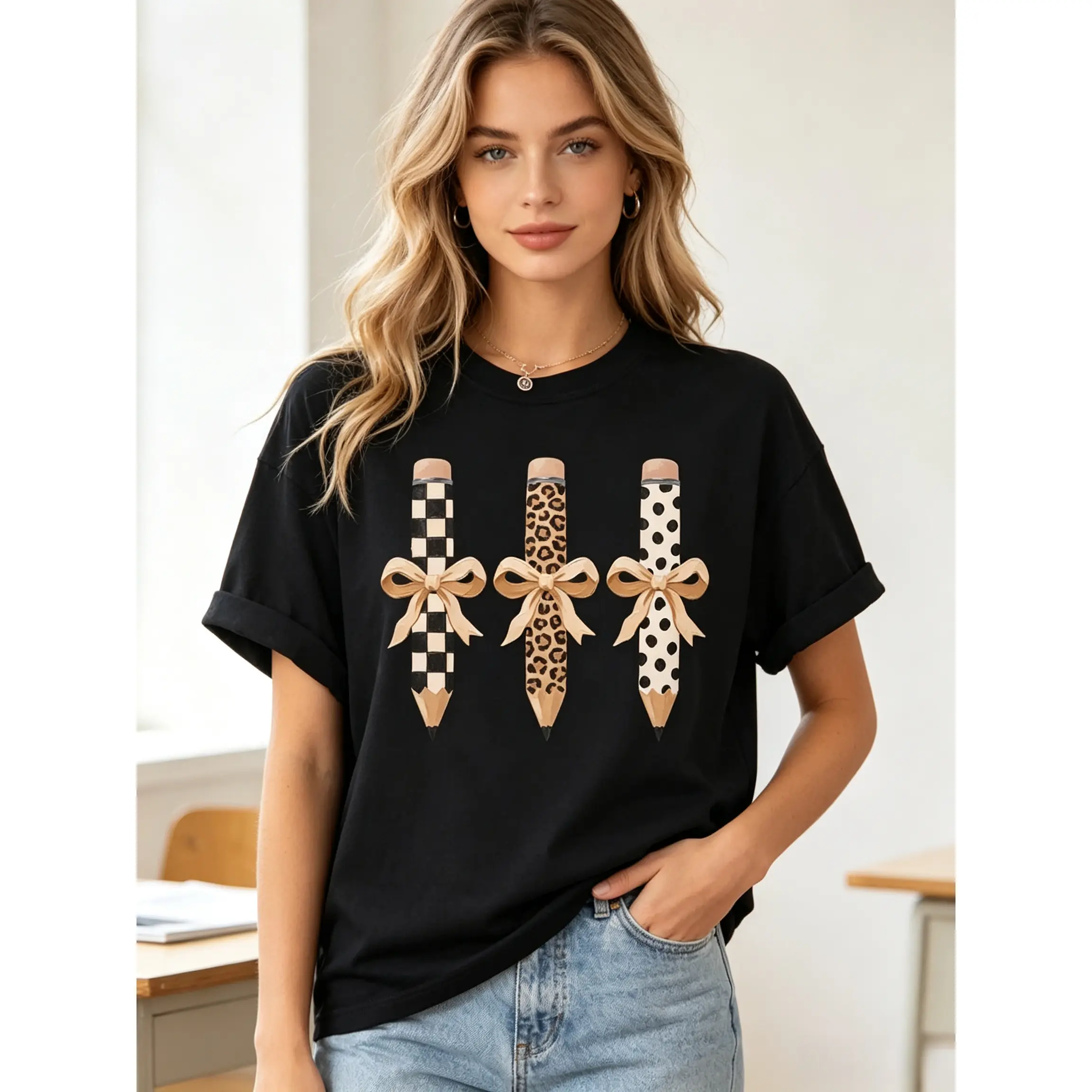Leopard Pencil Bow Shirt, Teacher Appreciation Shirt, Pencil Coquette Gift, Funny School Tee, First Day Of School T Shirt