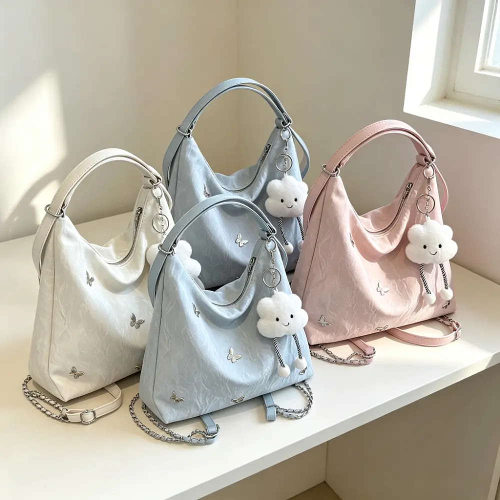Multifunctional Commuter Bag (Backpack, Shoulder Bag, and Crossbody); casual street-style design featuring bow-knot detailing and a zippered closure; medium-sized soft bag; optional bag charm available.