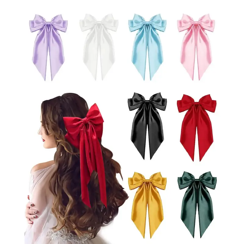 8 Pcs Hair Bows for Women Girls Silky Satin Hair Barrettes Clip Ribbon Bow Hair Clips with Long Tails Large Bow Hair Slides Metal Clips Hair Accessories