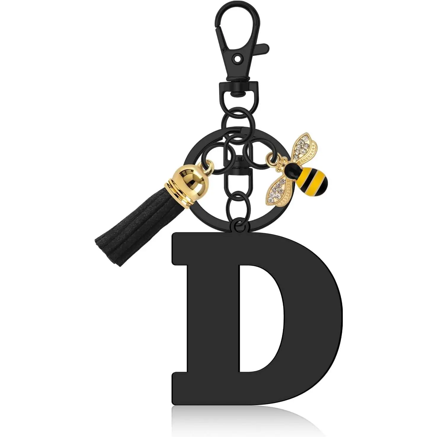 Oubaka Alphabet Initial Letter Keychain for Women - Black Initial Keyring with Bee, Tassel - Car Interior Decoration, Bag Backpack Charm, Keychains For Women