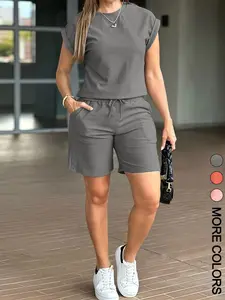 Women Casual Daily Commute Outfits 2 Piece Shorts Set, Summer Textured Short Sleeve & Shorts Matching Set With Side Pockets, Elastic Waist Stretchy Fabric, Essential Summer Clothes For Ladies