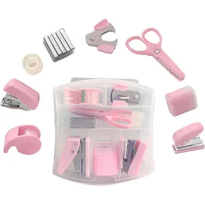 8 Pack Mini Office Supply Kit Portable Case with Scissors,Tape Dispenser Set, Punch,Pencil Sharpener, Mini Stapler with Staples and Staple Remover (Pink)