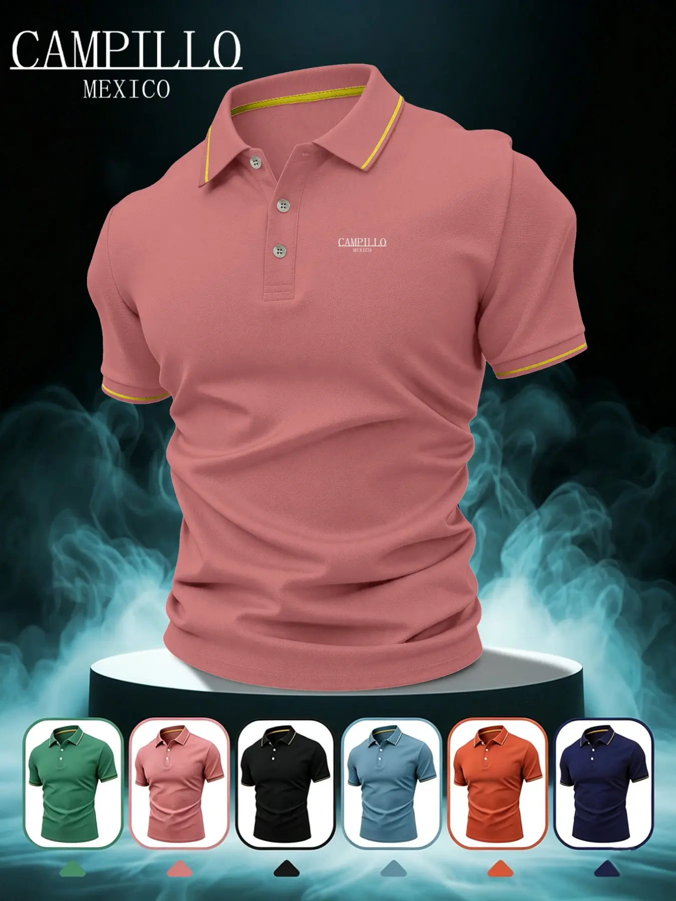 New Campiilo Logo Pattern Print Men's Collared Shirt, Elastic Casual Breathable Four Seasons Comfortable Durable High-End Polo