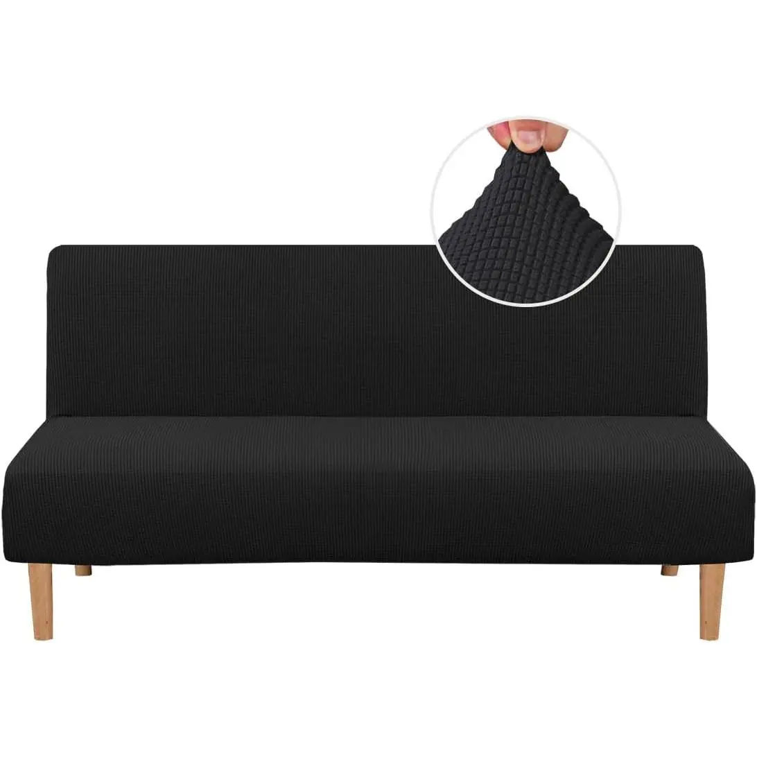 Armless Futon Cover - Stretch Spandex Small Checks Jacquard Fabric Sofa Bed Slipcover Protector, Elastic, Richly Textured, Machine Washable, Black