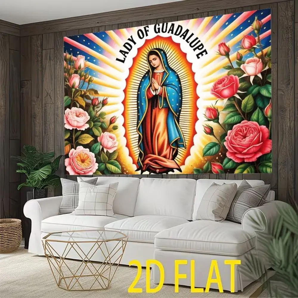 2D Flat Banner polyester photography backdrop, printed with Lady of Guadalupe and rose floral pattern, soft lightweight foldable background cloth, suitable for portrait photography, product photos, video studio shooting, livestrea