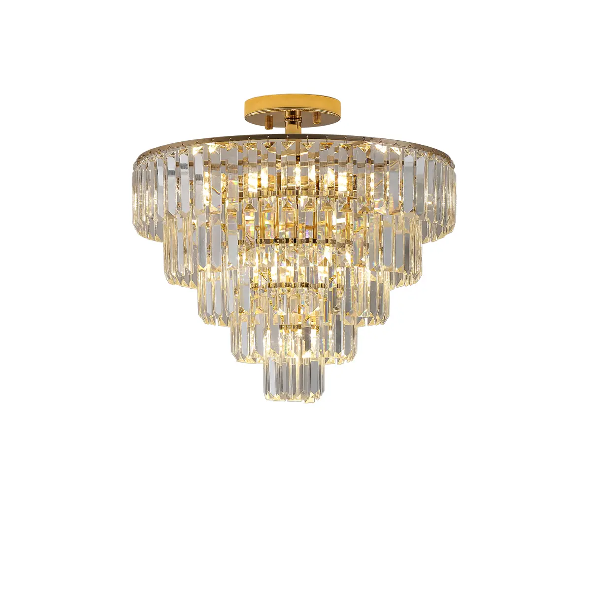 French Gold Round Metal K9 Crystal Chandelier, 19.7"W*19.3"H 5-Tier Modern Ceiling Light Fixture, Requires 10 E12 Bulbs, Luxury Sparkling Pendant Lamp for Living Room Dining Bedroom Entryway