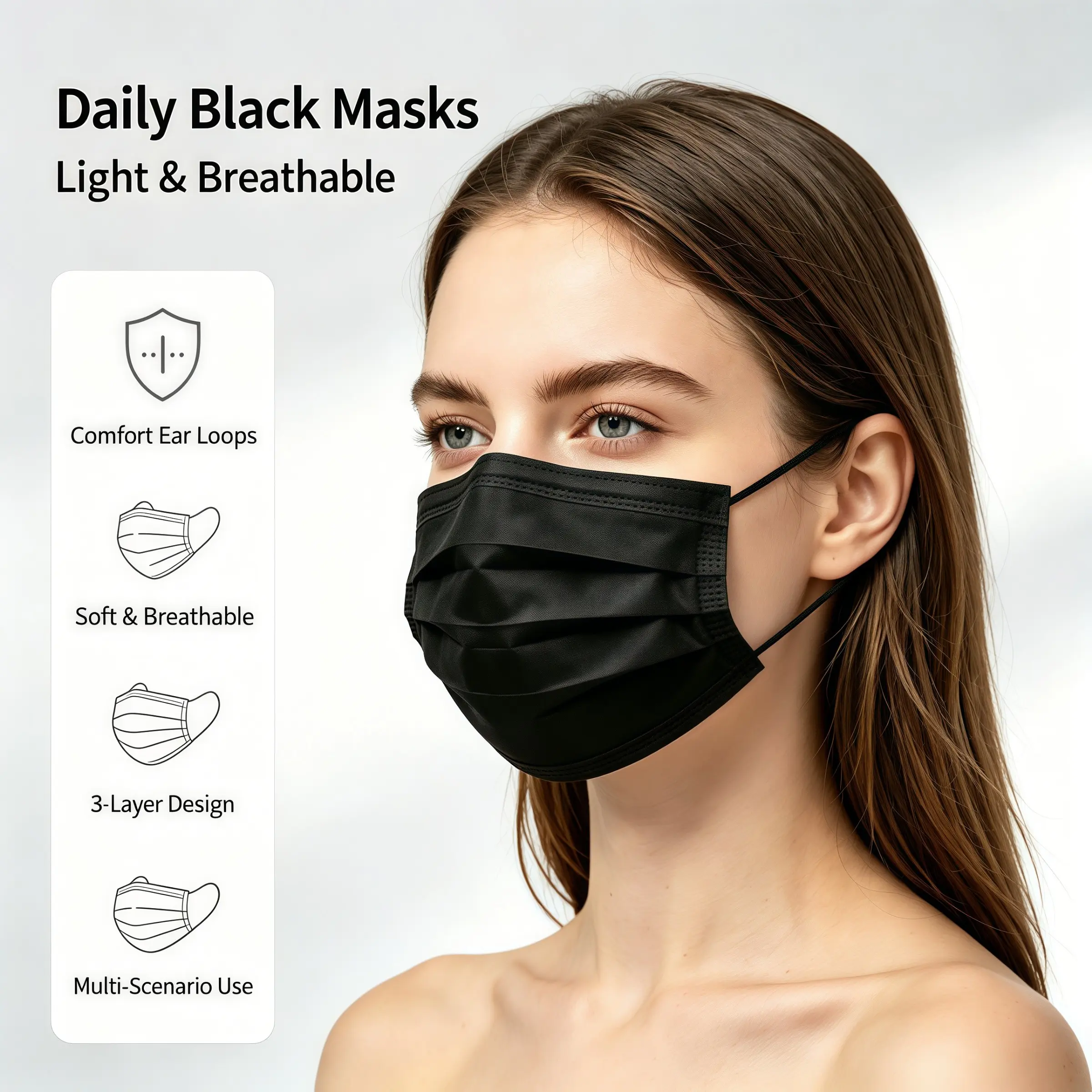 Unisex Disposable Face Mask, protective masks, Allergy-Resistant Sensitive Skin Breathable Material, Adjustable Ear Straps, Secure Nose Clip, Home Office Outdoor Use