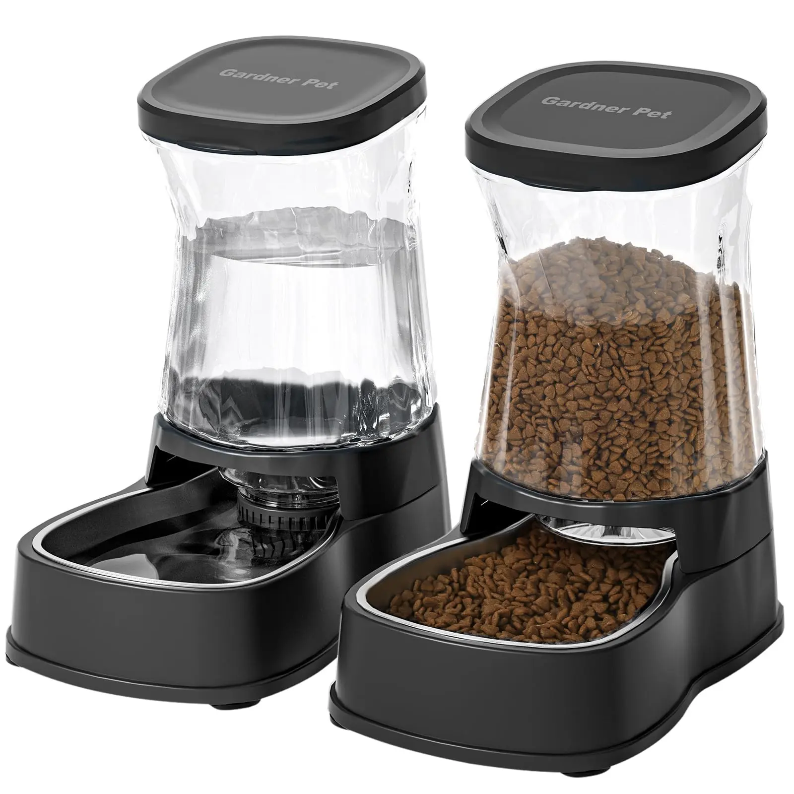 Automatic Pets Gravity Feeder and Water Dispenser Set with Stainless Steel Bowl, 1Gallon x 2 Stable Dog Food Feeder and Waterer, 100% BPA-Free for Small&Medium Dogs, Cats, Puppies(Black)