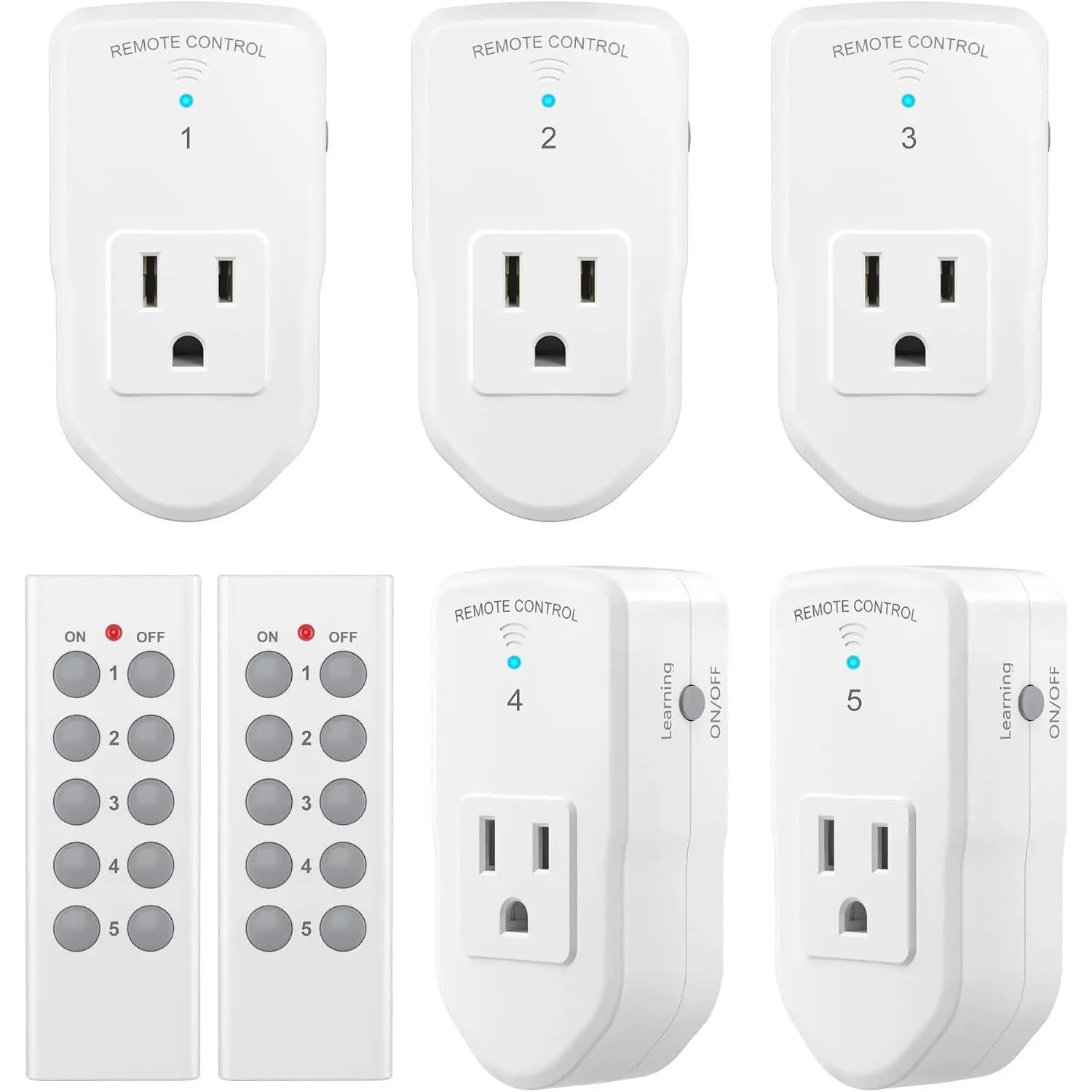 Remote Control Outlet Electrical  for Lights, Fans, Christmas Lights, Small Appliance, 100ft Long Range White (Learning Code, 5Rx-2Tx) 1200W/10A, ETL & FCC Certified