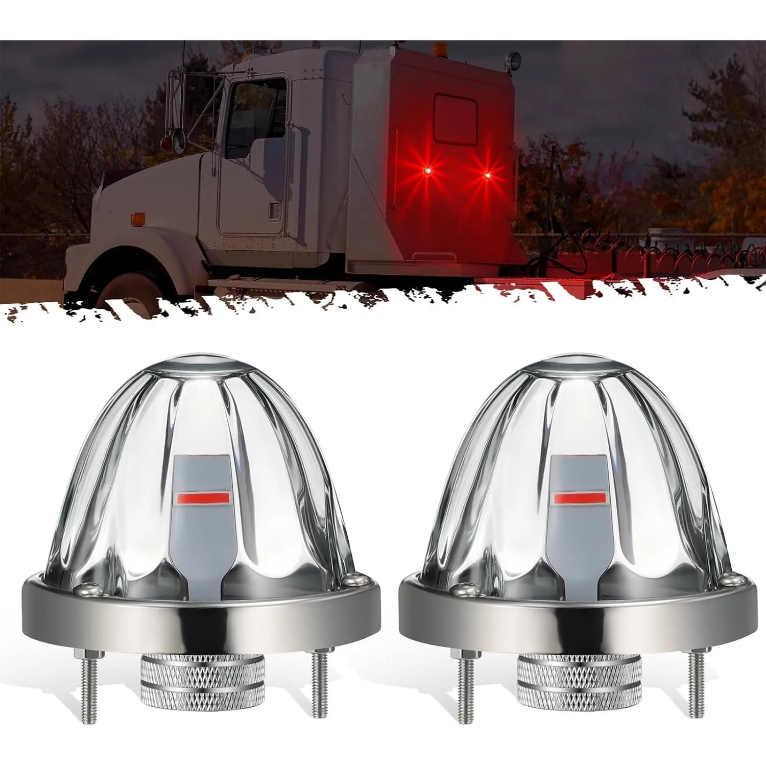2 Pack Glass Watermelon LED Marker Turn Signal Lights, Clear Lens Red LED Side Marker Lamps with Bezel, Replacement for Kenworth, Peterbilt, Freightliner Trucks