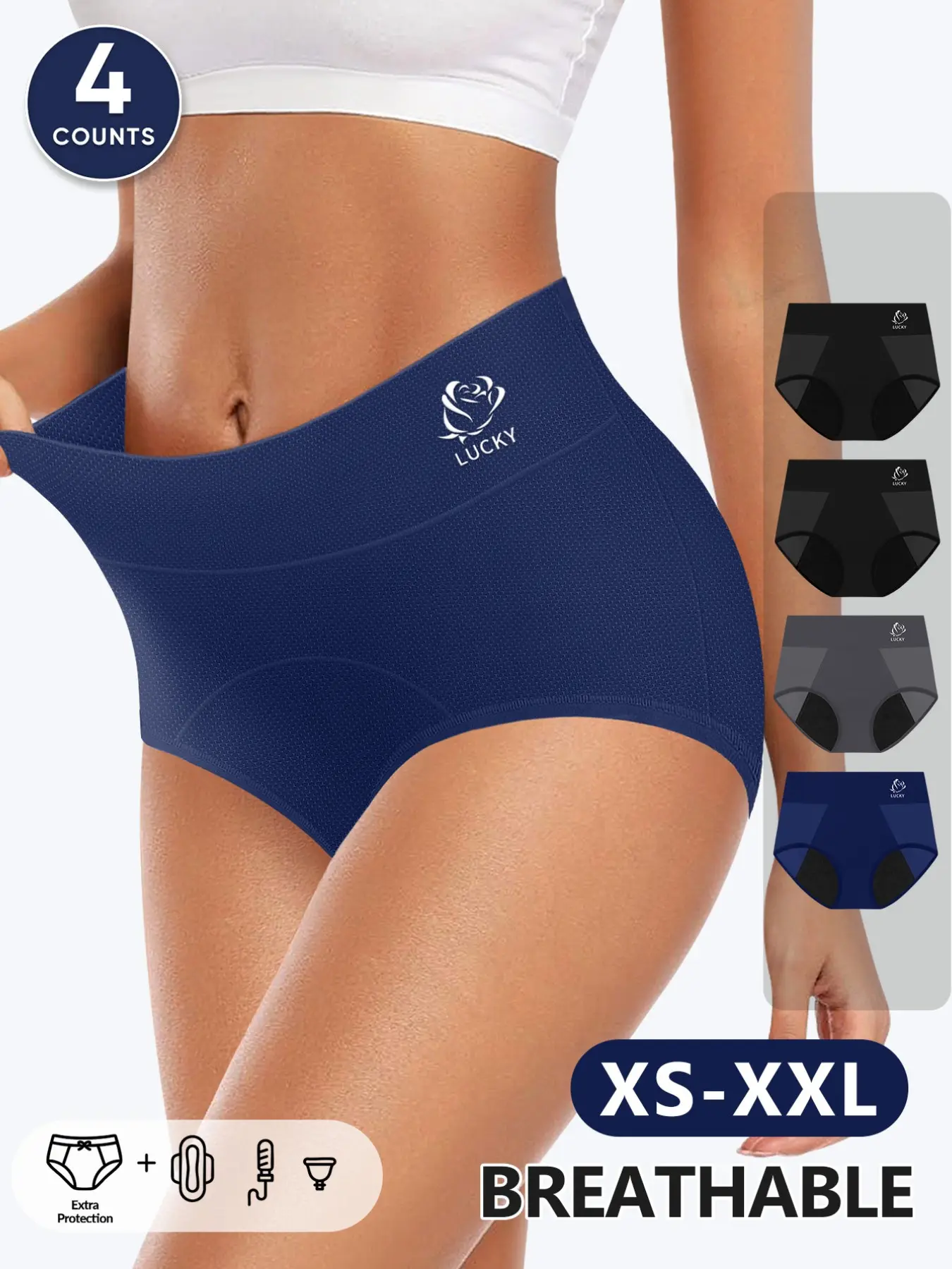 4-Pack Breathable Mesh Leak-Proof Period Underwear, XS-Xxl, Deep Blue, High Waist Absorbent Washable, All Seasons