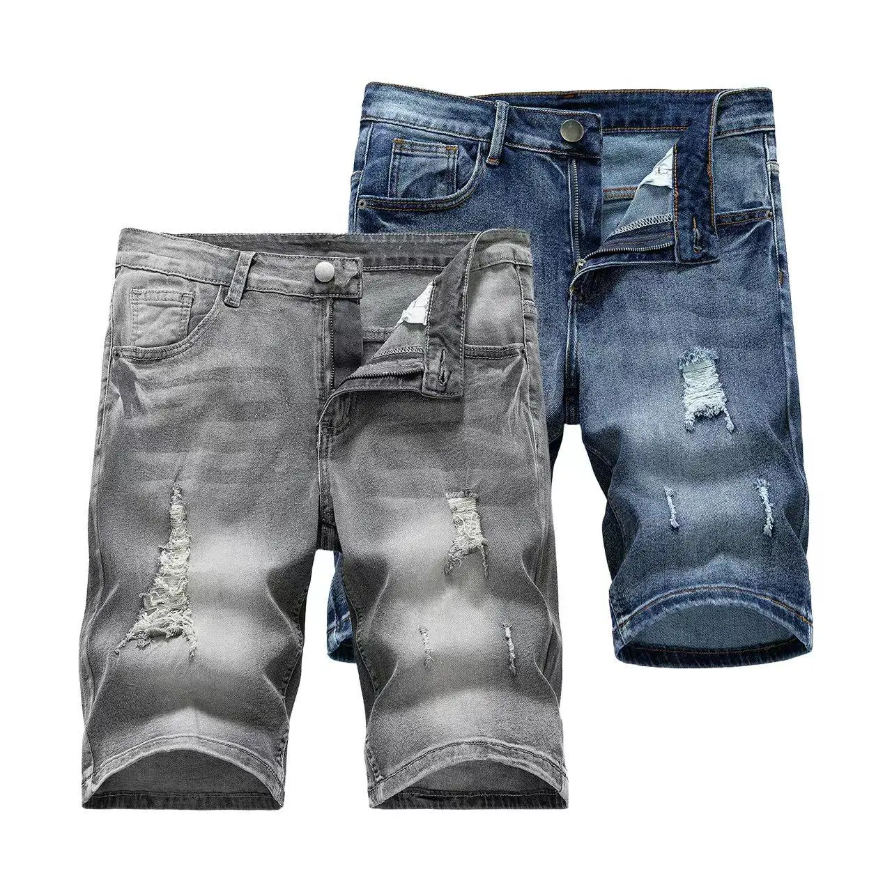 Men's Multi-Size Plain Denim Shorts, Short Length Relaxed Cut with Ripped Detail, Casual Streetwear Distressed Menswear Bottoms