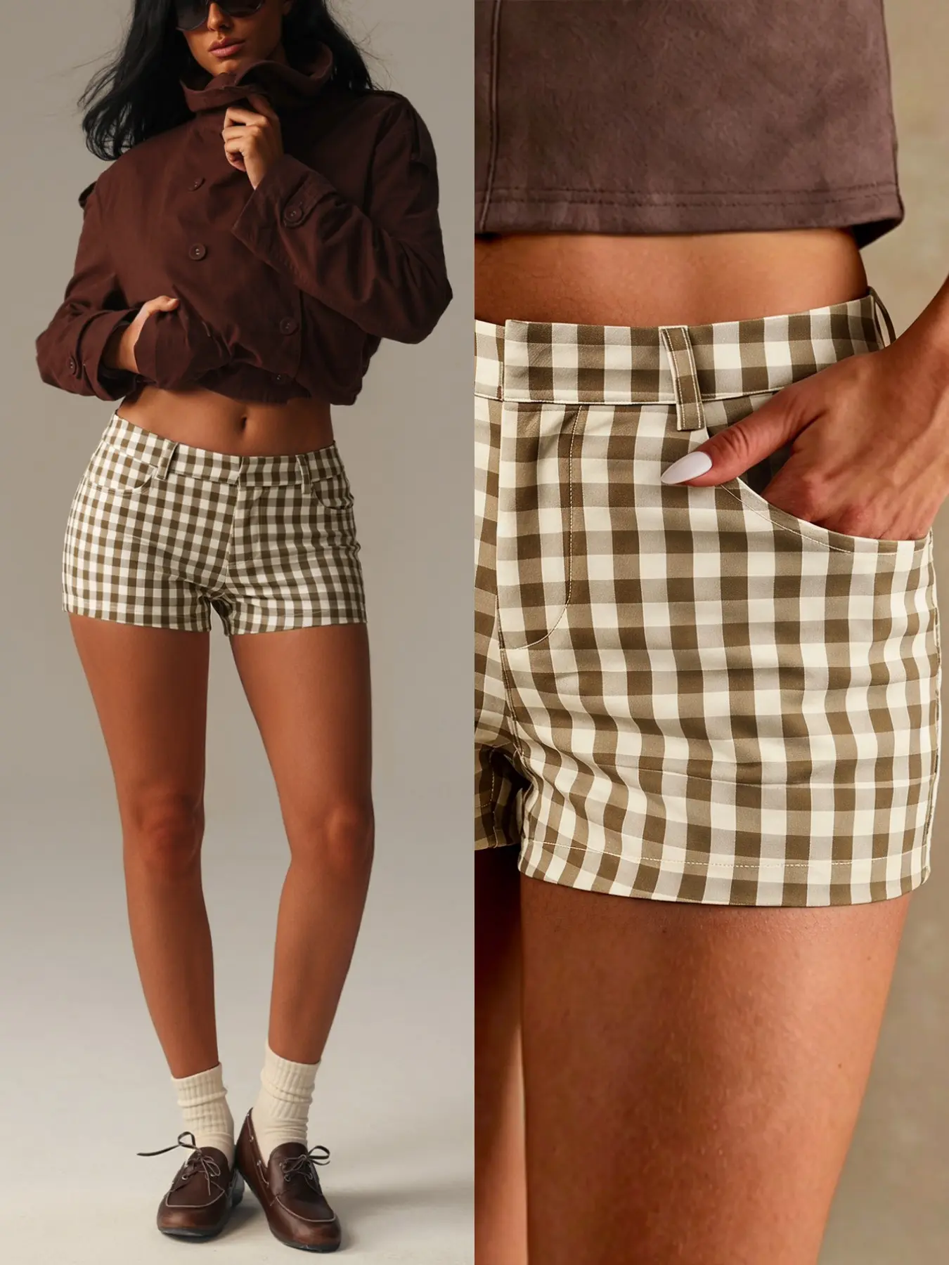 Khaki Gingham Low Rise Low Waist Mini Length Shorts Women Plaid Slim Fit Casual Streetwear Summer Going Out Shorts Preppy Chic Vintage Old Money Y2K Fashion Cute Checkered Hot Pants Vacation Daily Wear Trendy Micro Shorts