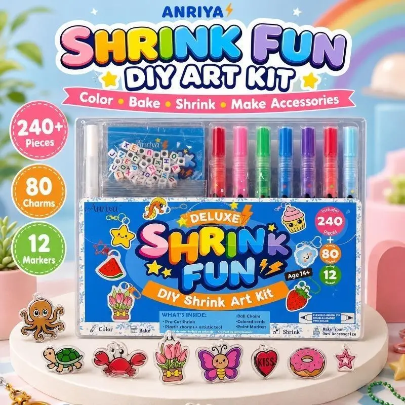 [Back to School]ANRIYA 240+ Pcs Deluxe Shrink Art Kit, DIY Shrink Plastic Craft Kit with 12 Dual-Ended Color Pens, 80 Pre-Cut Charms & Keychain Accessories, Creative Gift for Teens & Adults Ages 14+