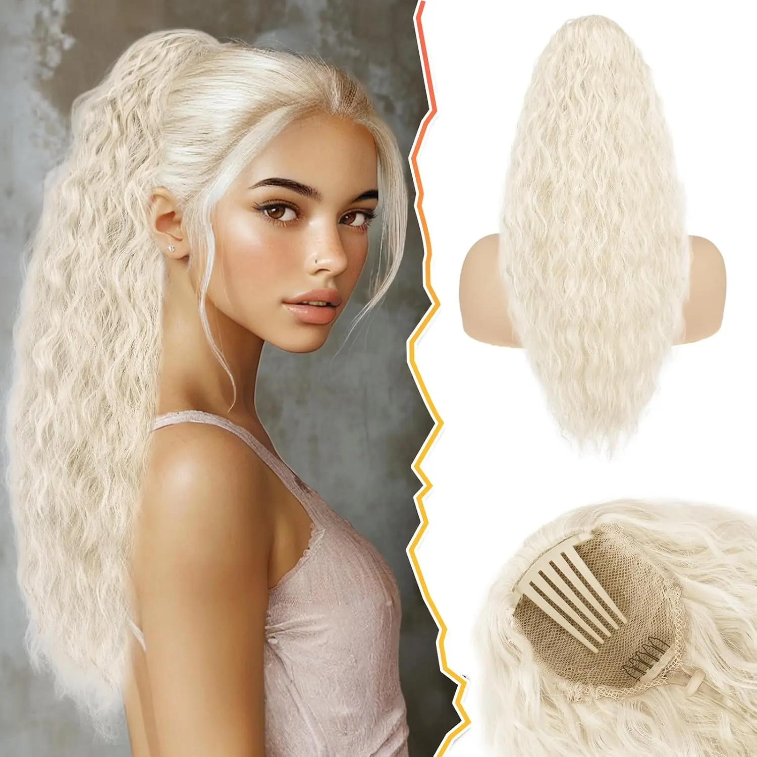 22 Inch Curly Wavy  Blonde Drawstring Ponytail Extension – Synthetic Comb Clip in Ponytail Hair Extensions for Women - Voluminous  Curly Blonde Pony Tails Hairpieces