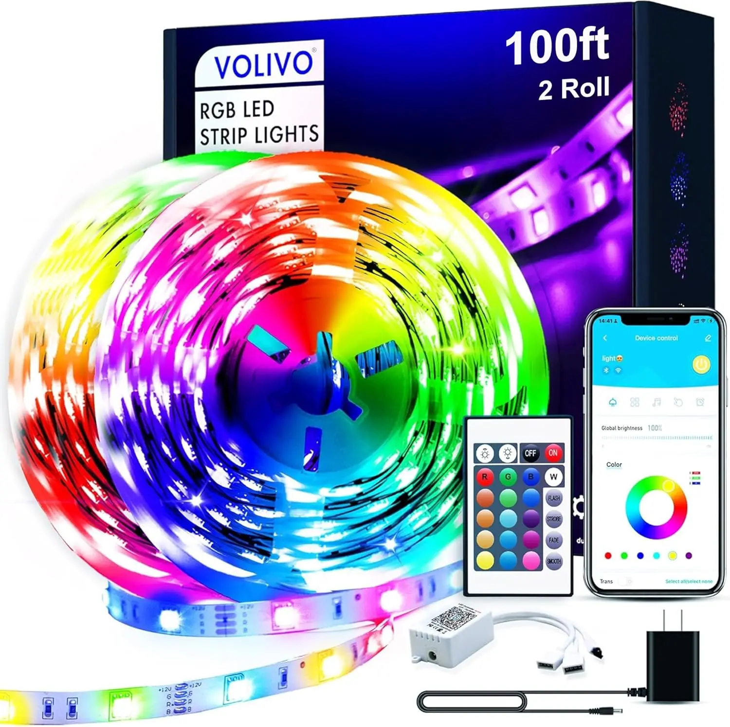 100FT LED Strip Lights for Bedroom RGB Color Changing| Bluetooth App Control, IR Remote Control, Music Sync, Room Home Decor