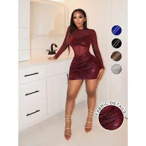Elegant Sheer Mesh Long Sleeve Maxi Dress for Women, Womenswear, Chic Slim-Fitting Dress for Daily Wear, Date Nights, Parties & Stages