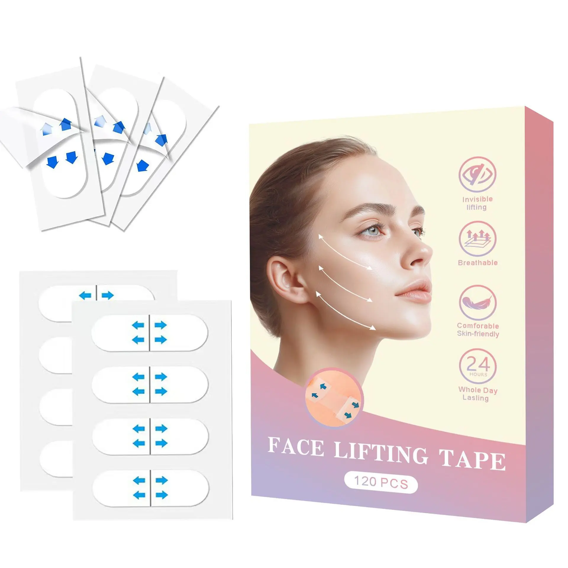 120 Pcs Face Slimming Patches 120 Patches/Box Set, Daily Wear Facial Area Lifting Tape, 10-Hour Waterproof Jawline Lift, Ultra-Thin Invisible V-Line Tape for Double Chin & Secret Fox Eye Look