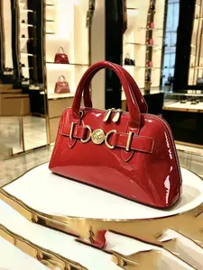 Women's Large Capacity Handbag, Glossy Leather Mirror Finish, Lion Head Design, Coin Purse & Earphone Holder, Lightweight Fashion Accessory