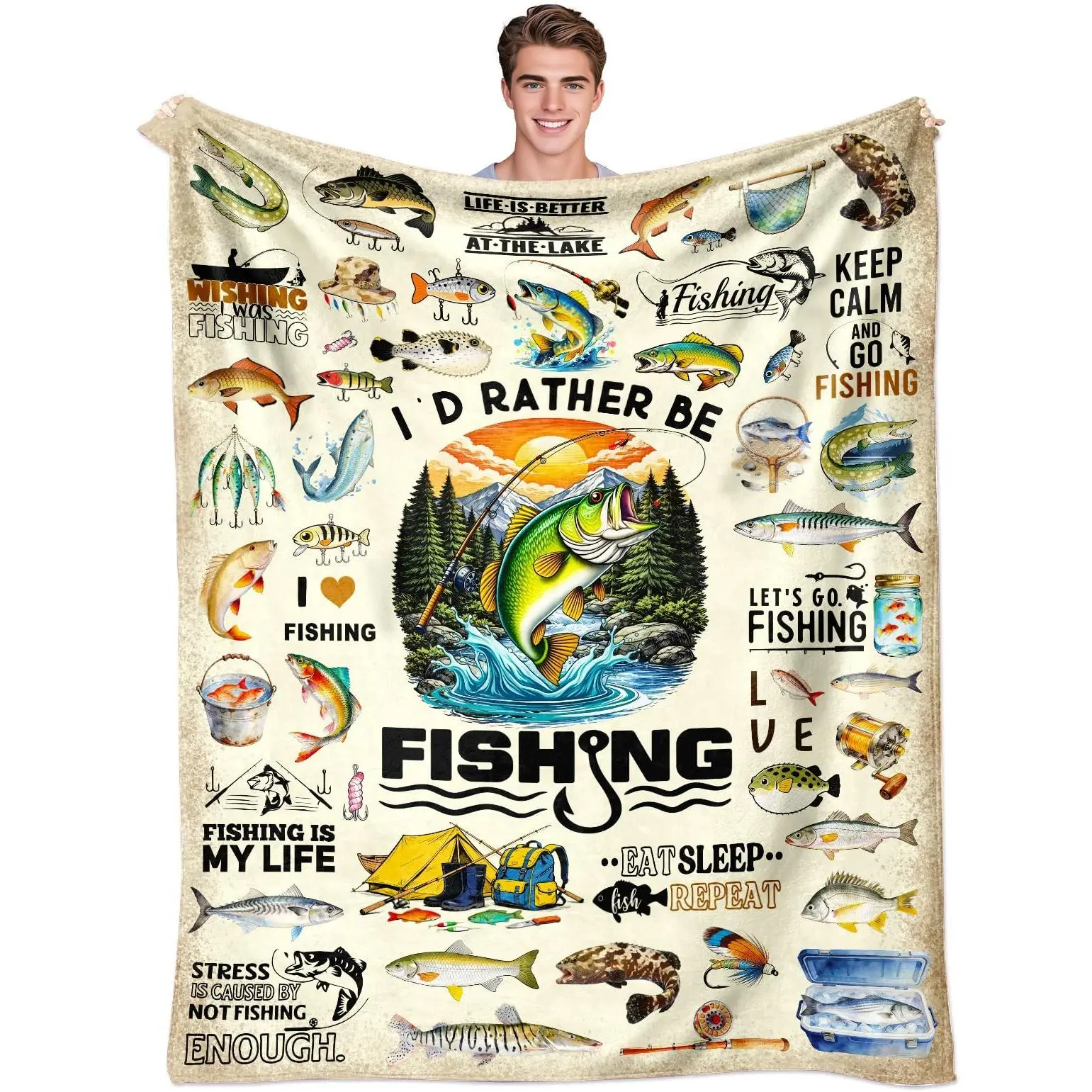 Fishing Throw Blanket, Soft Flannel Fleece Blanket for Fishermen, Cozy Blanket Gift for Men, Bed Sofa Couch & Outdoor Use