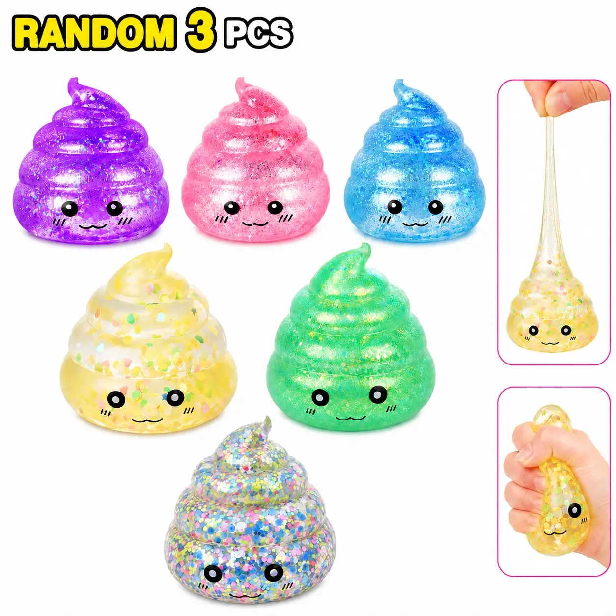 Random 3-Pack Novelty Squishy Poop Stress Balls, 3 Colors Glitter Poops Sensory Fidget Squishies Joke Prank Toys Anxiety Relief Squeeze Fidget Toy Funny Poop Shape Autism Toy for Adults Teens Party Favor