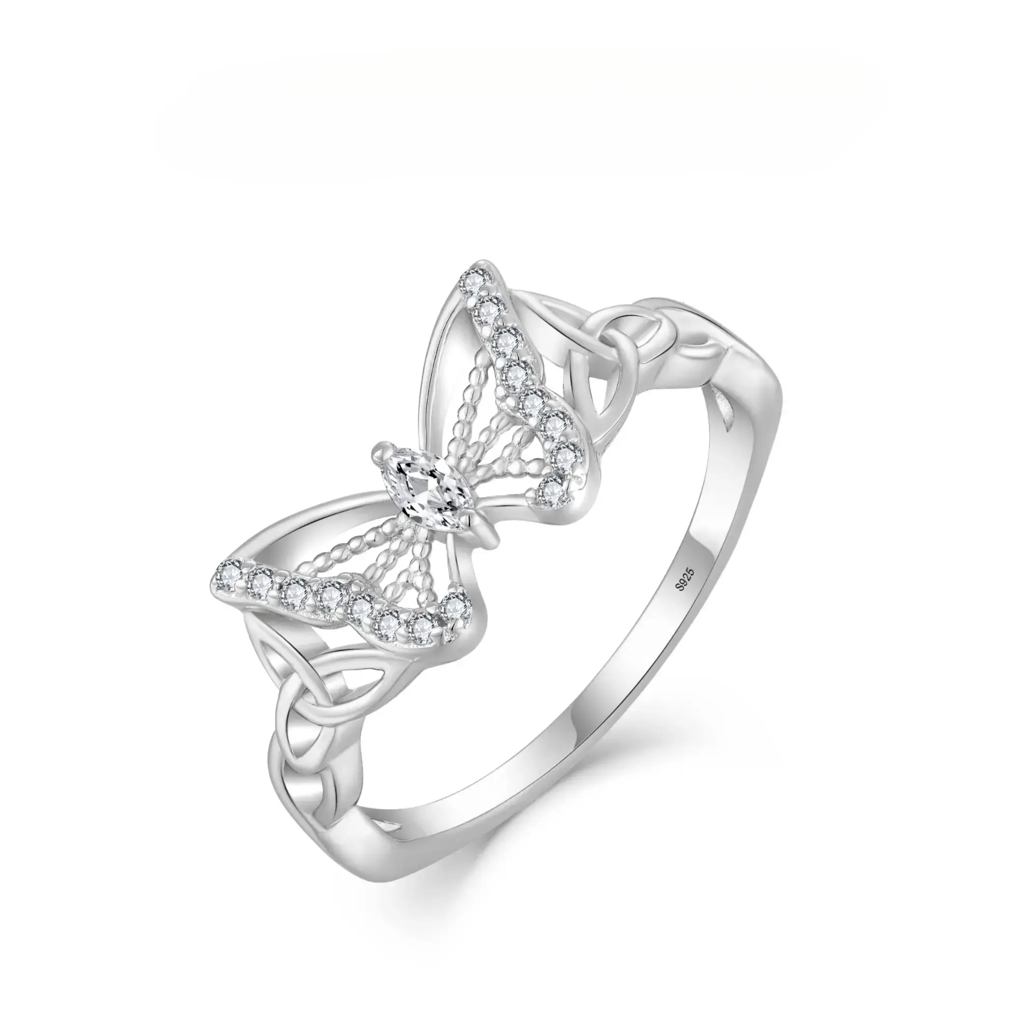 S925 Sterling Silver Butterfly Ring with 5A Cubic Zirconia Accent, Celtic Knot Design, Daily Wear Jewelry for Women