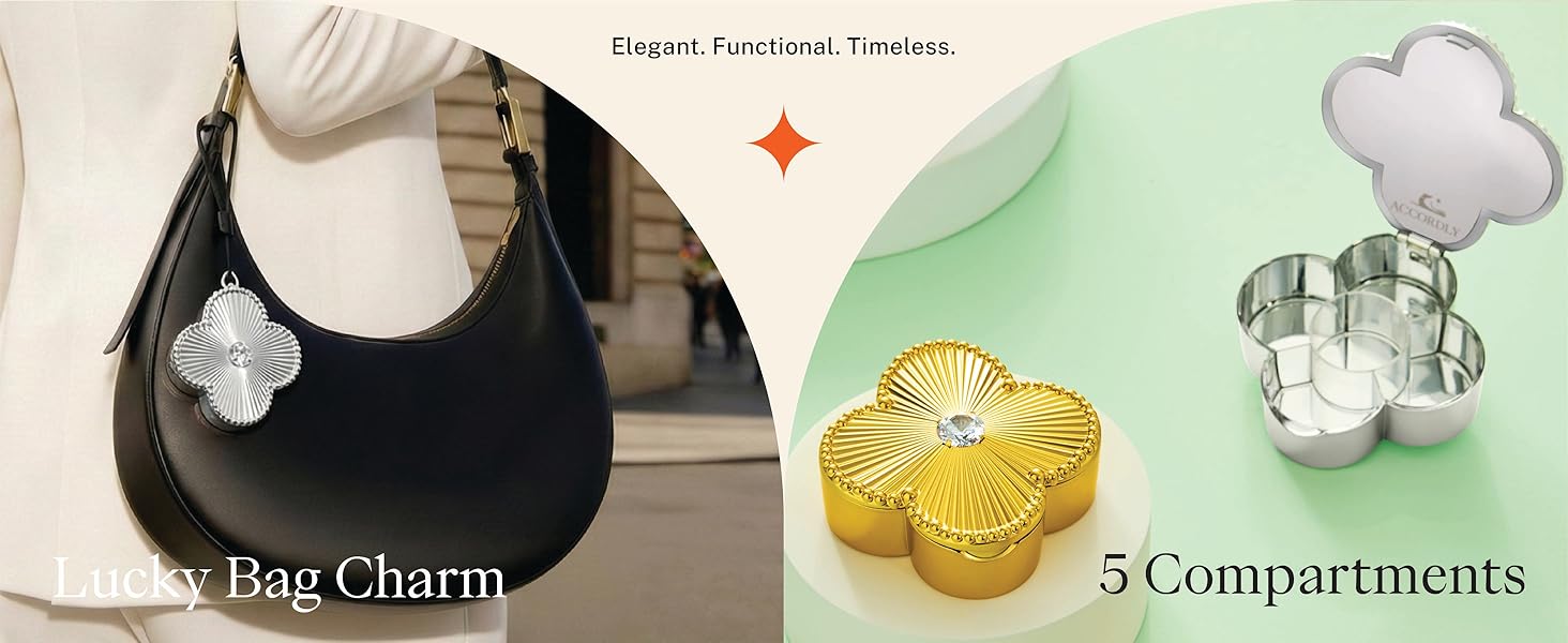 Lucky Charm Luxury Travel Pill Organizer, 5 Compartments, Easy-Open Lock, Mirror, Cute Compact Pill Box for Purse, BPA-Free, Gold, Stylish Vitamin Case & Small Jewelry Storage (Rose Gold)