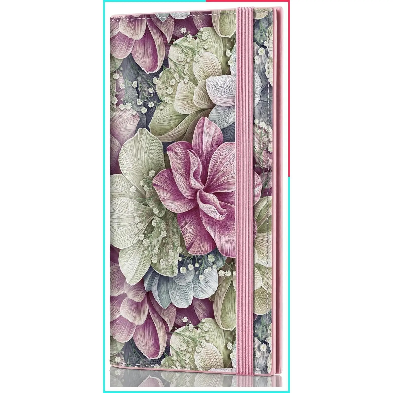 Boho Floral PU Leather Women's Checkbook Cover with Elastic Band, Pen Holder & Transparent PVC Divider for Duplicate Checks