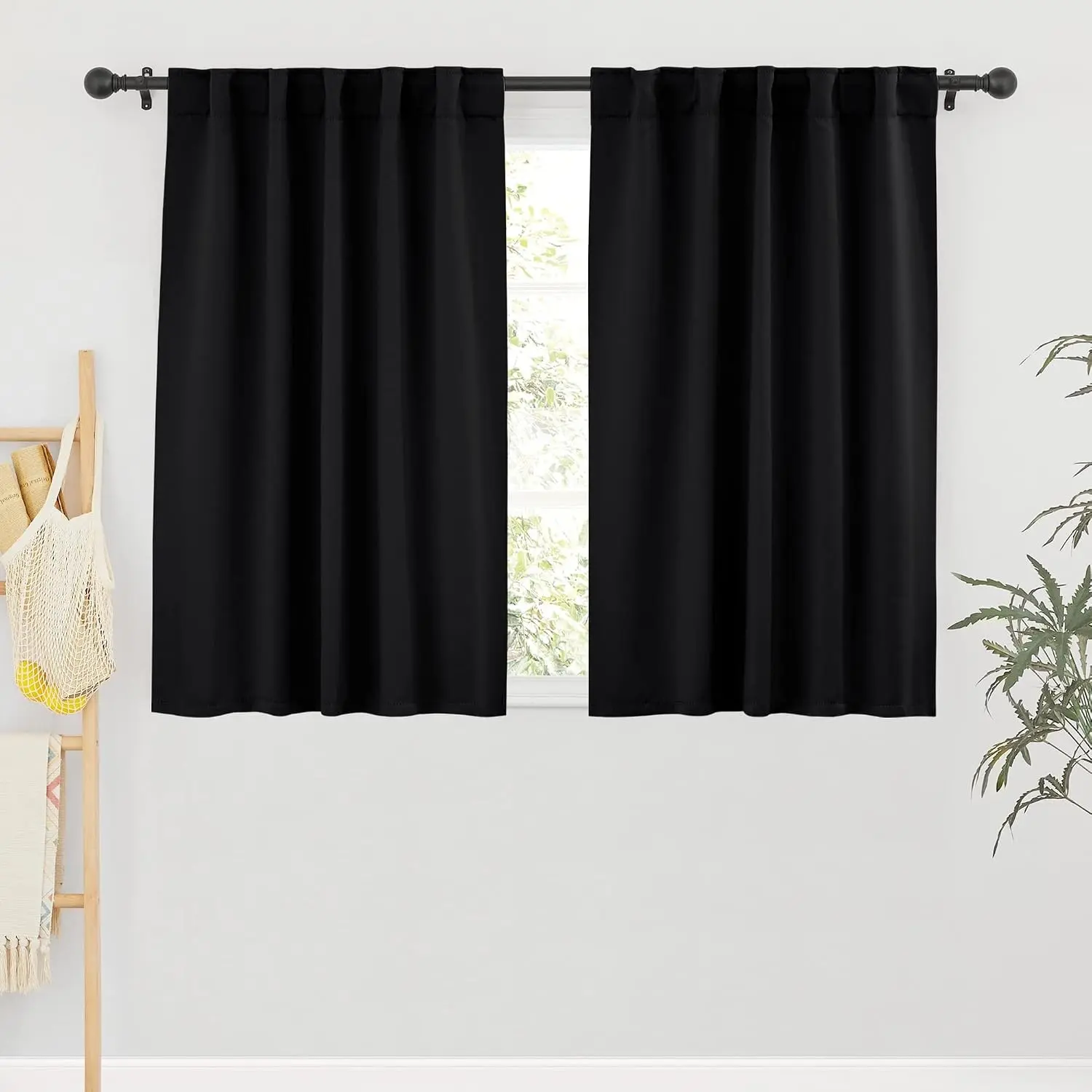 Short Blackout Curtains for Small Windows, Kitchen, Cafe, Bathroom, Basement, RV Camper Cabinet - Thermal Insulated, UV & Heat Blocking, Privacy, Back Tab, W42 x L45, Black, 2 PanelsGift