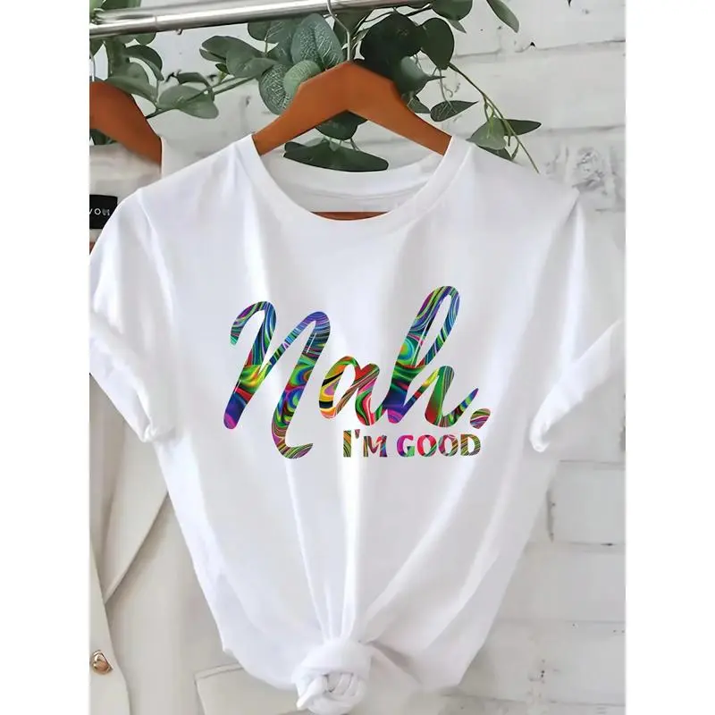 Loose Fit Graphic T-Shirt, Nah I'm Good Color Swirl Gradient Script Letter Printed Craft Tee, Soft Breathable Short Sleeve Top, Casual Independent Vibe Outfit For Men Women, Rainbow Texture Text Graphic Shirt For summervibes