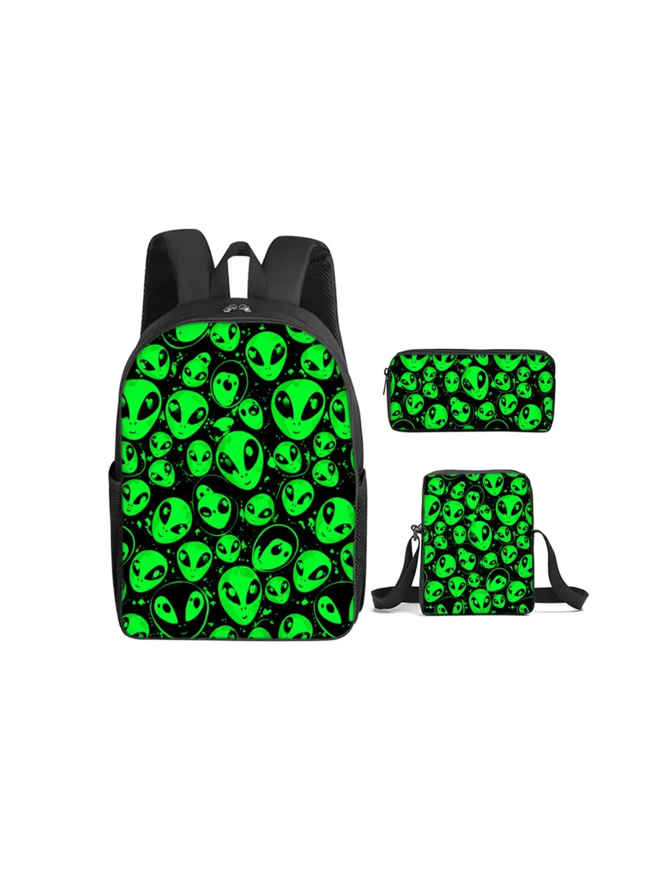 Alien 2D‑Printed 16‑Inch Backpack 3‑Piece Set (Single‑Layer Backpack + Small Crossbody Bag + Single‑Layer Pencil Case). Suitable for outdoor trips and daily school use. Ideal as a holiday gift for kids and friends.