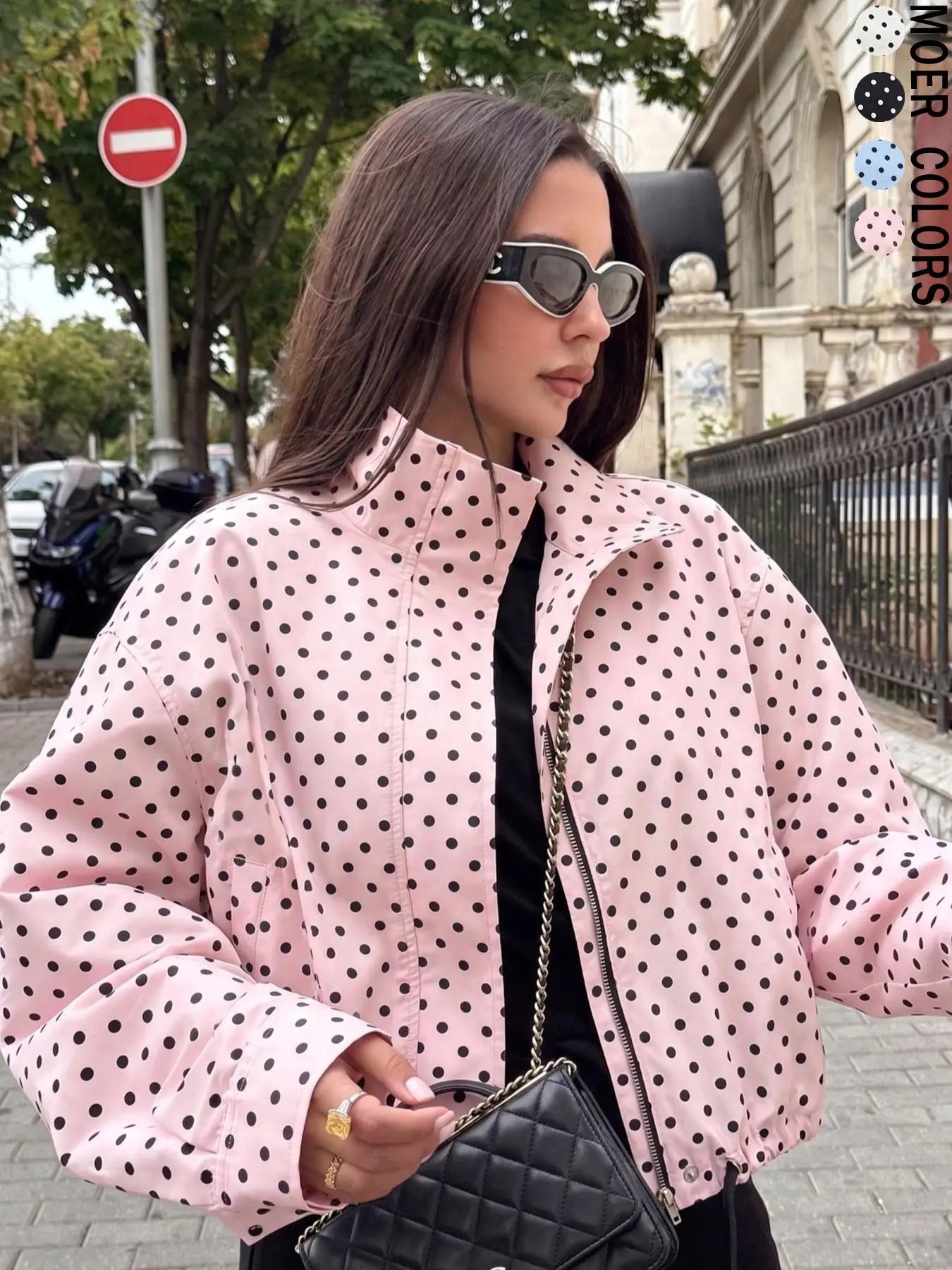 Vintage Polka Dot Short Jacket, Long Sleeve, Loose Fit Stand Collar Zipper Street Style Coat, Fall & Winter Outerwear for Men