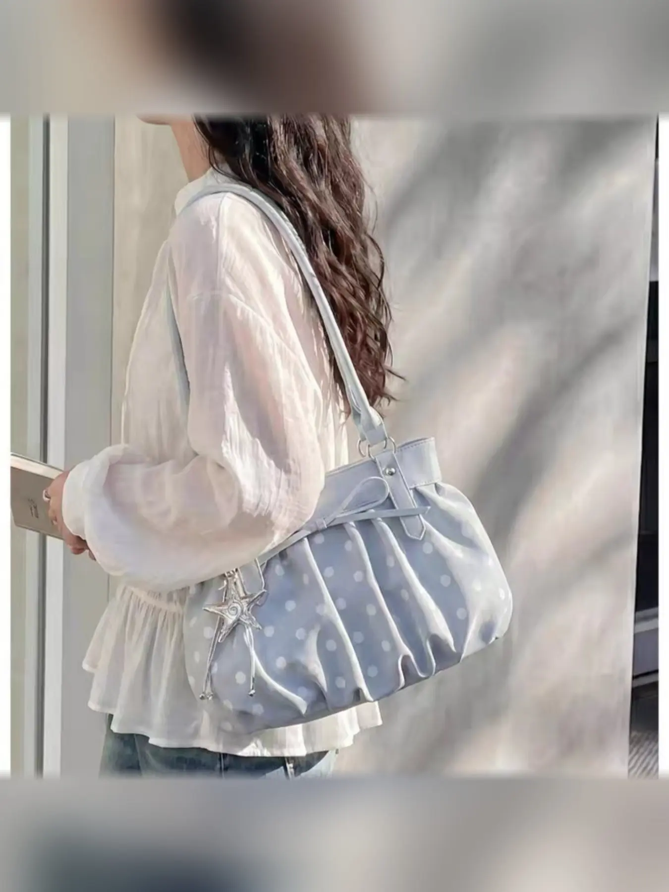2026 Summer New Korean Style Polka Dot Pleated Aesthetic Shoulder Bag, Fashionable Crossbody Bag for Daily Use, College, Shopping, Travel, Dating