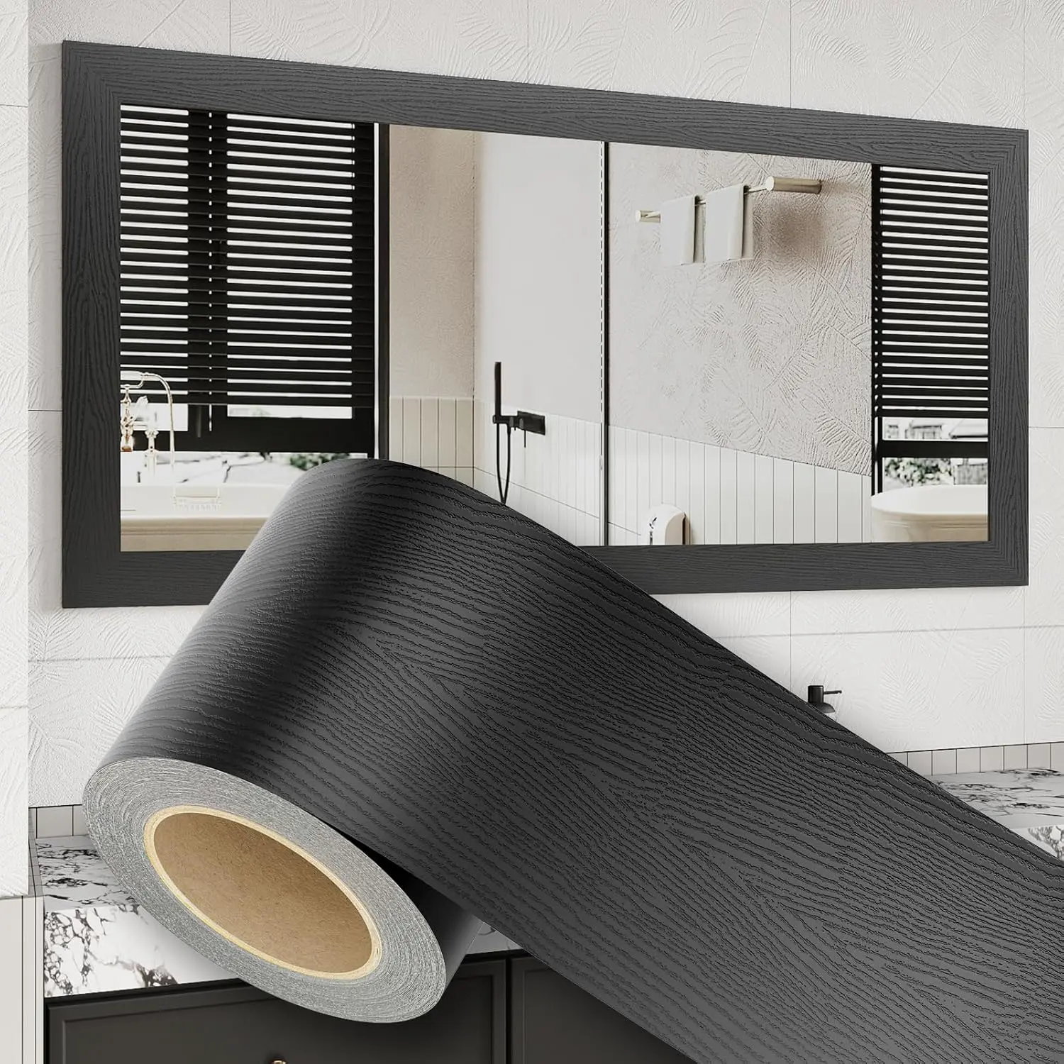 10M Peel and Stick Wallpaper Borders 390" x 4" Self Adhesive Mirror Frame Border Wood Grain DIY for Kitchen Bathroom Mirror Removal Border Sticker Wall Decor Cover 10.8 Sq.Ft Black Wood