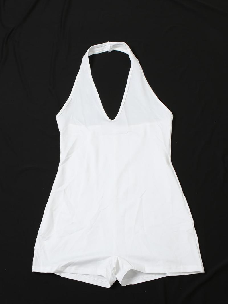 Women's Solid Halter Neck Romper, Basic Casual Sleeveless Backless Romper for Daily Outdoor Wear, Overalls, Womenswear