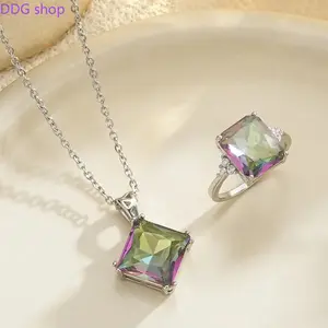Viral Rainbow Crystal Ring Set for Women, Luxury Symphony Square Stone with Gradient Color Pendant Design, Side Pave CZ Diamond Accent, Aesthetic Statement Jewelry, Trendy Party Wedding Gift