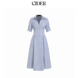 Cider Cotton-blend Striped Mid-length Sleeve Draped Shirt Maxi Dress