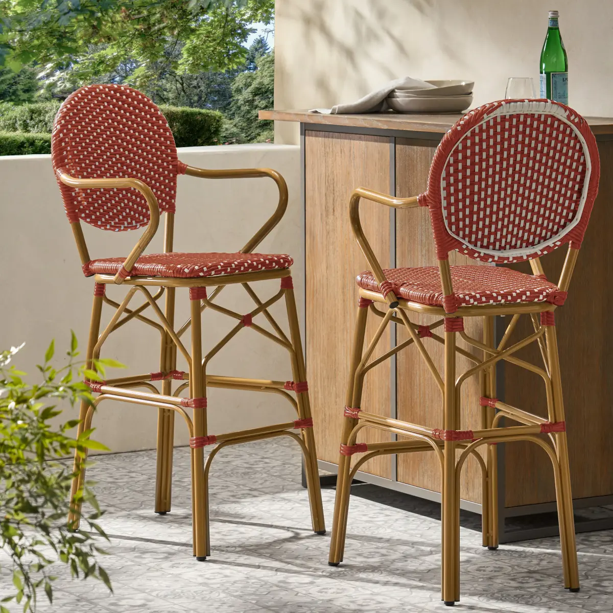 AobtkelChristopher Knight Home® Outdoor Wicker and Aluminum 29.5" French Barstools, Set of 2, Red, Bamboo Print Finish
