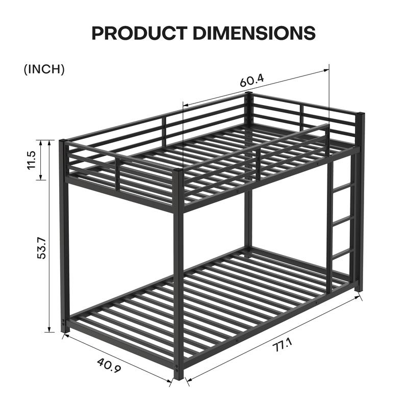 Twin Over Twin Metal Bunk Bed, Low Bunk Bed with Ladder, Black, Sturdy Steel Construction, Safe Design, Easy Assembly, 250lb Upper Bed Capacity, 350lb Lower Bed Capacity