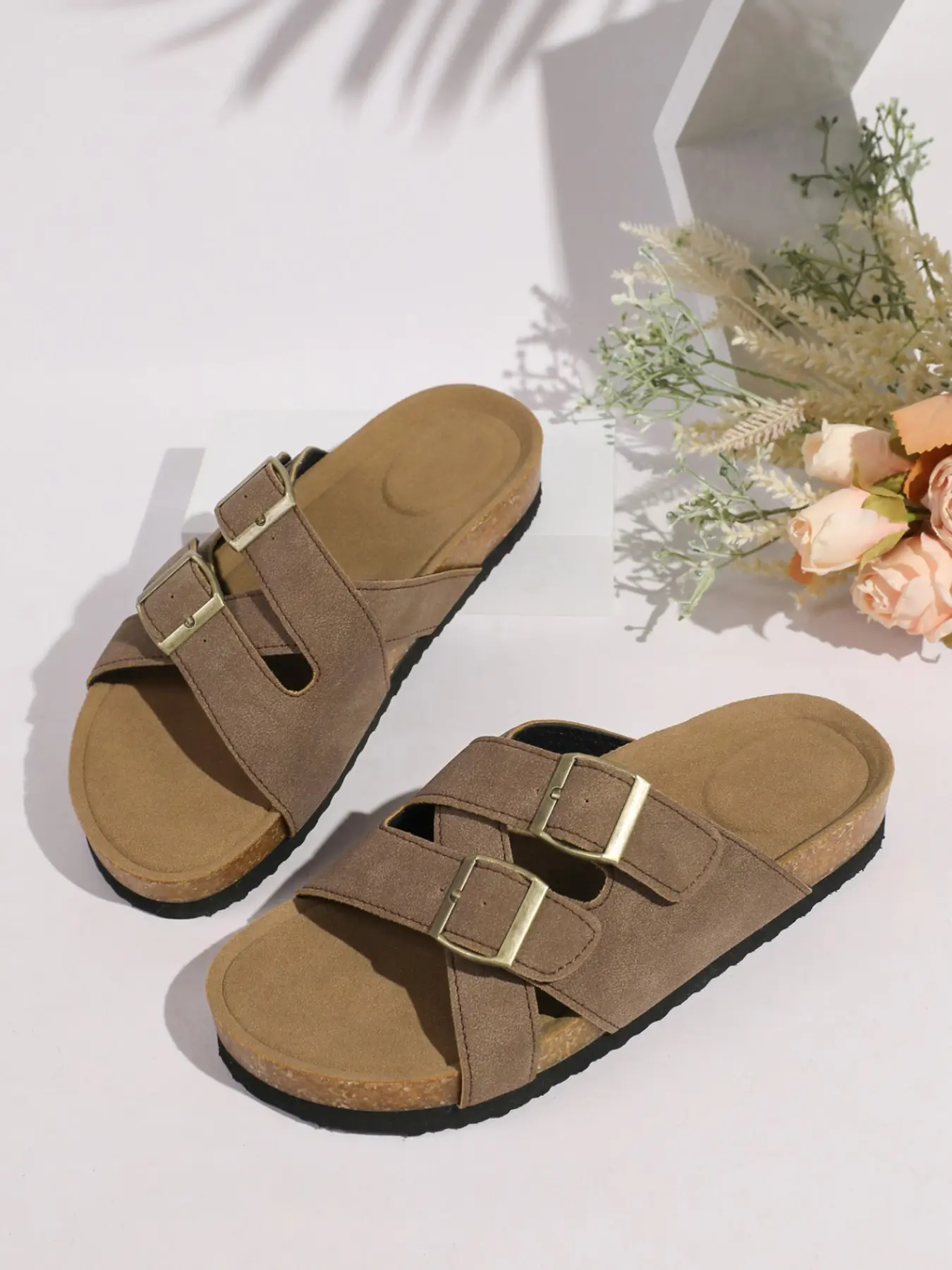 Double Buckle Cork Bed Slippers, Summer Versatile Lazy Style, Cork Arch Support Rubber Insoles, Comfortable Fit, Long Walks Without Fatigue