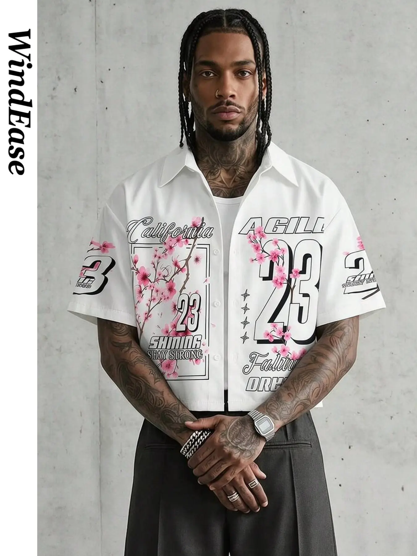 Men’s Y2K Cropped Camp Collar Button Down Shirt, Vintage California Letter & No.23 Varsity Number Pink Cherry Blossom Full Print Short Sleeve Blouse, Lightweight Wrinkle Resistant Breathable Loose Fit Casual Shirt For Summer Beach Skate Streetwear Vacatio