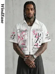 Men’s Y2K Cropped Camp Collar Button Down Shirt, Vintage California Letter & No.23 Varsity Number Pink Cherry Blossom Full Print Short Sleeve Blouse, Lightweight Wrinkle Resistant Breathable Loose Fit Casual Shirt For Summer Beach Skate Streetwear Vacatio