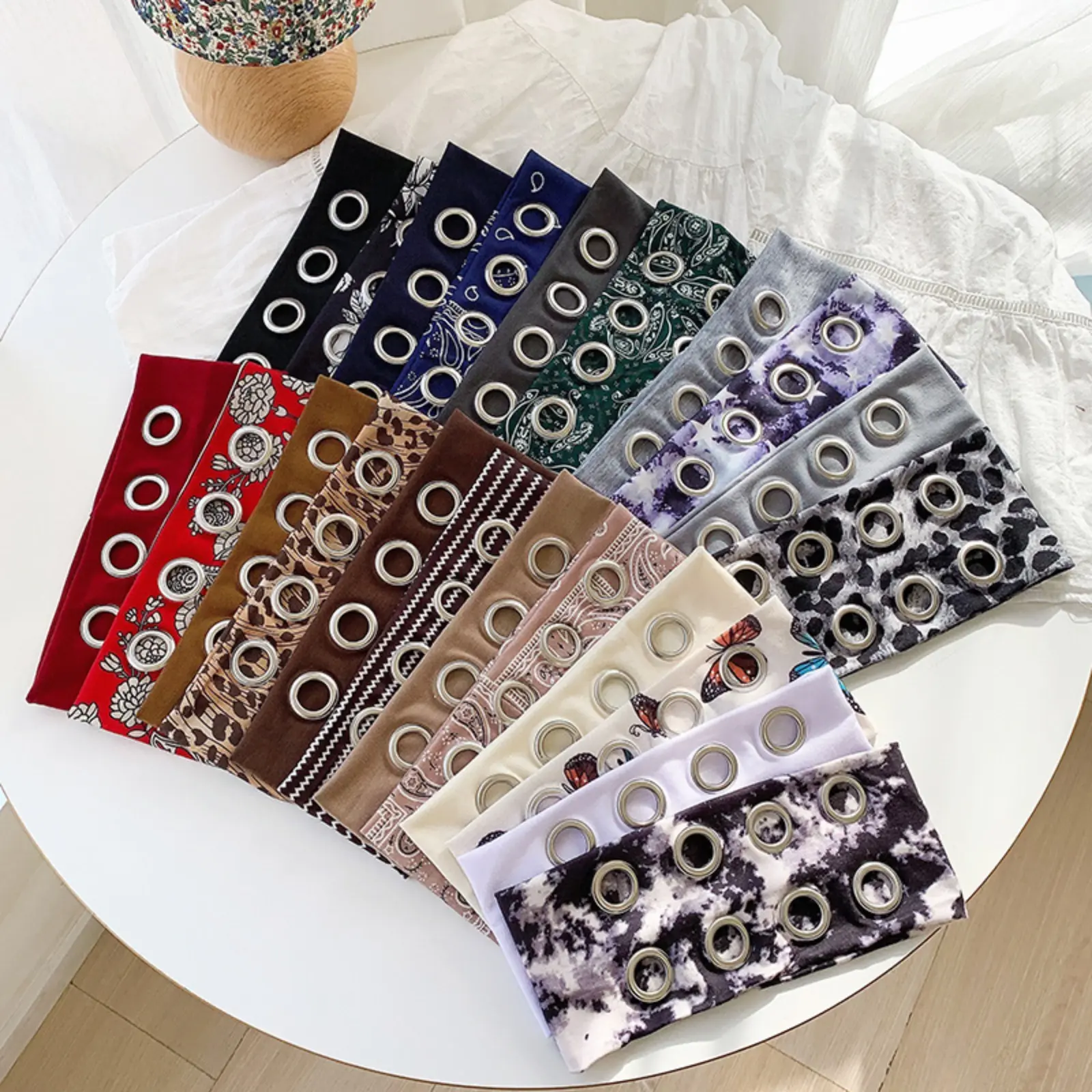 Women Printed Wide Headband,  Y2K Metal Eyelet Punk Hair Wrap, Multi Pattern Leopard Paisley Floral Stretchy Hair Band, Soft Breathable Adjustable Sweat Headband for Sports Streetwear Daily Makeup