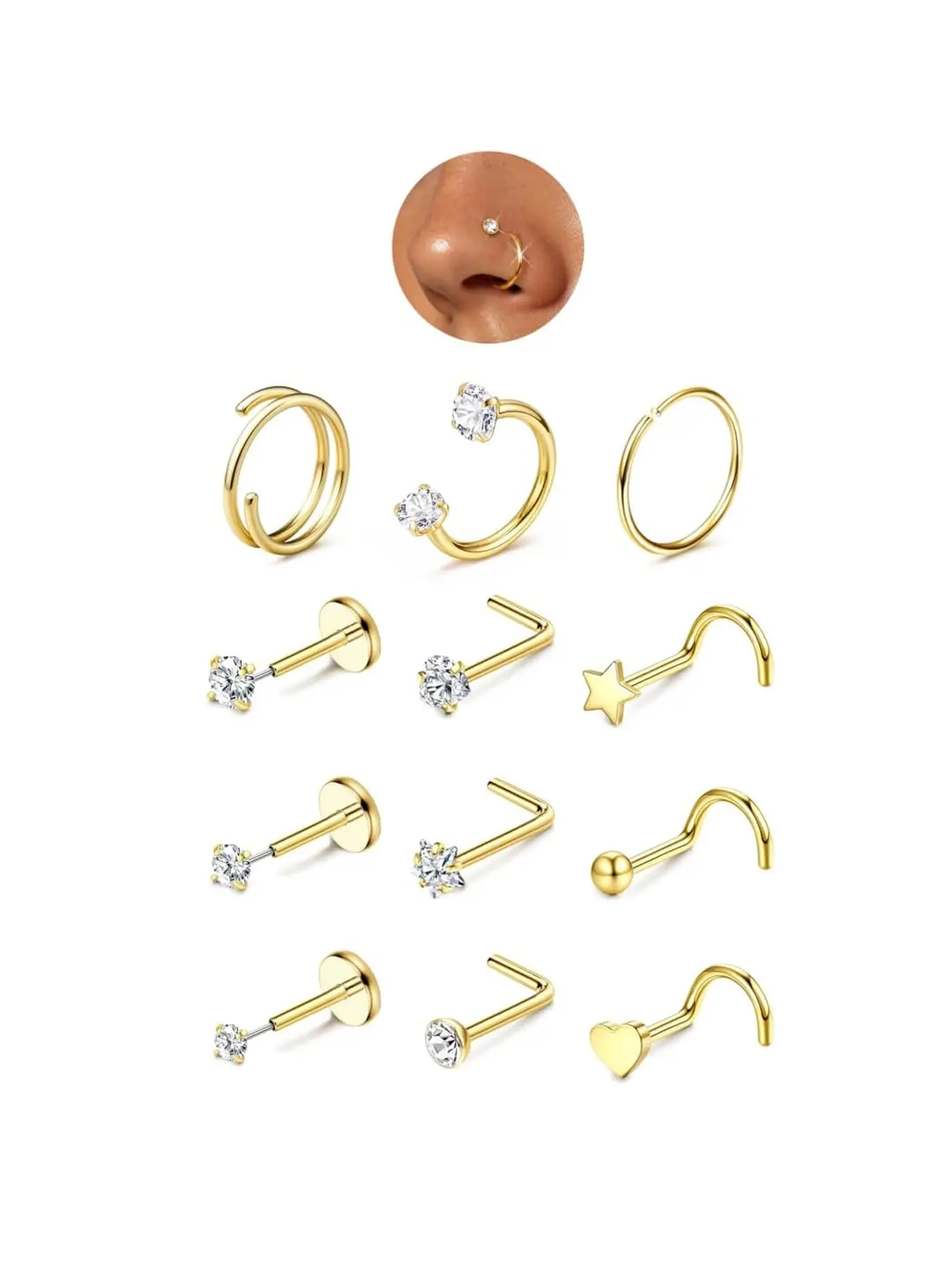 Mixed Cz Diamond Nose Rings & Studs Set, Stainless Steel Heart Star Ball L-Bend Screw Nose Piercing Hoops, L Shaped Nose Studs, Hypoallergenic Body Jewelry for Women