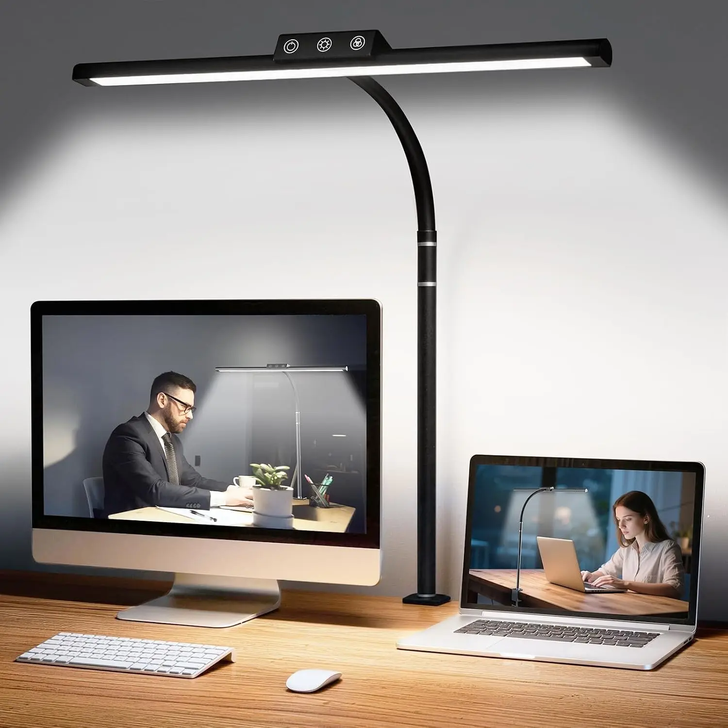LED Desk Lamp with Clamp, Flexible Gooseneck, 5 Color Touch Control, Stepless Dimming, Eye-Caring Adjustable Light with Adapter for Home Office, Reading, Study, Workbench (Black)Gift